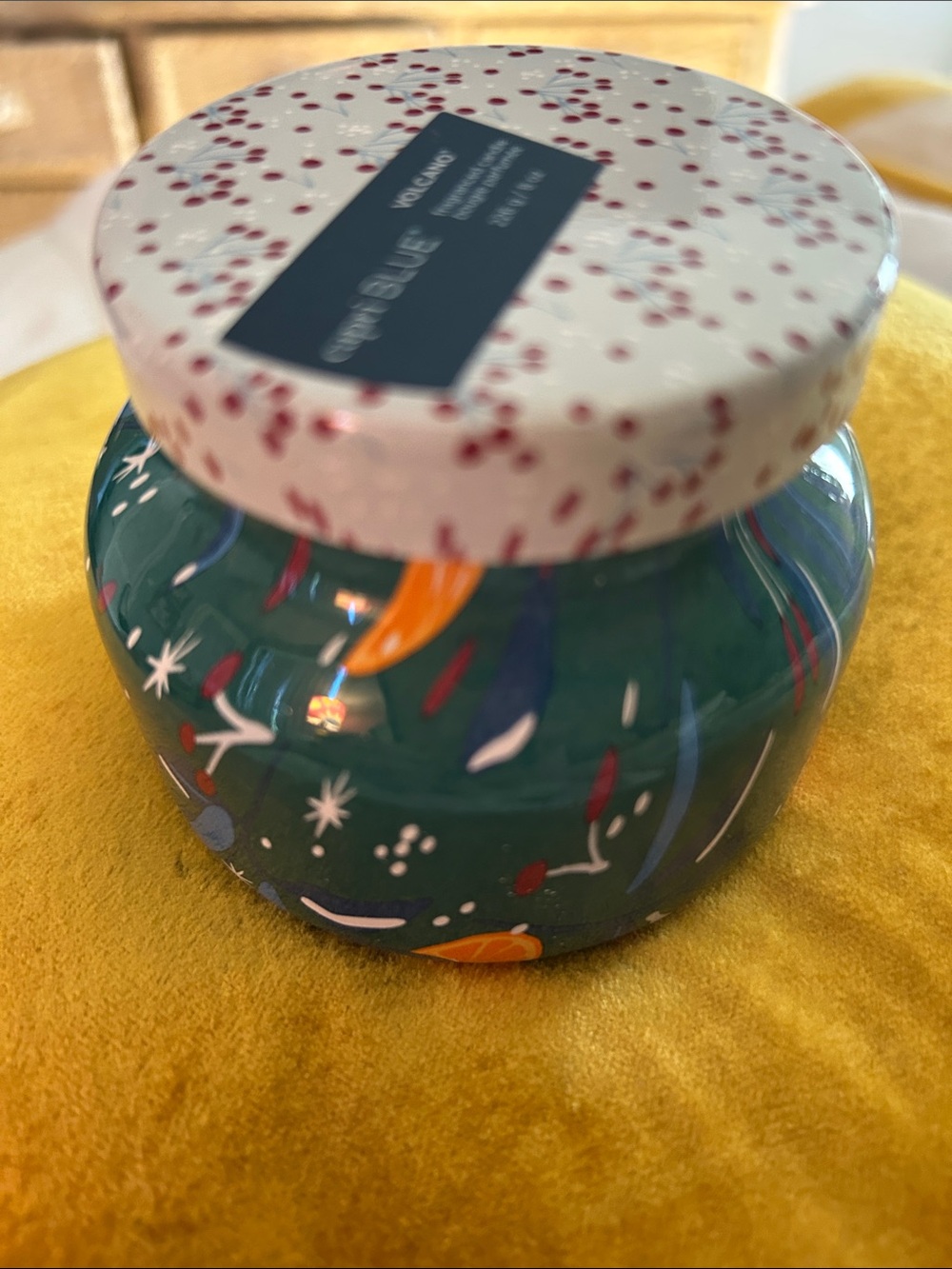 Decorative Green Glass Jar Candle with Citrus & Berry Motif By Volcano - Picture 6 of 7